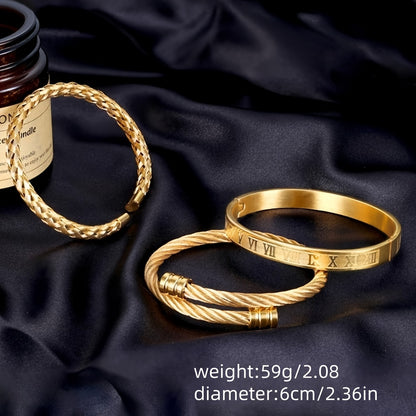 3pcs of Retro Classic Fashion 304 304 Stainless Steel Open Roman Pattern, Woven Bangle bangle bracelet Set Is Suitable for Daily Wear, Holiday Boyfriend
