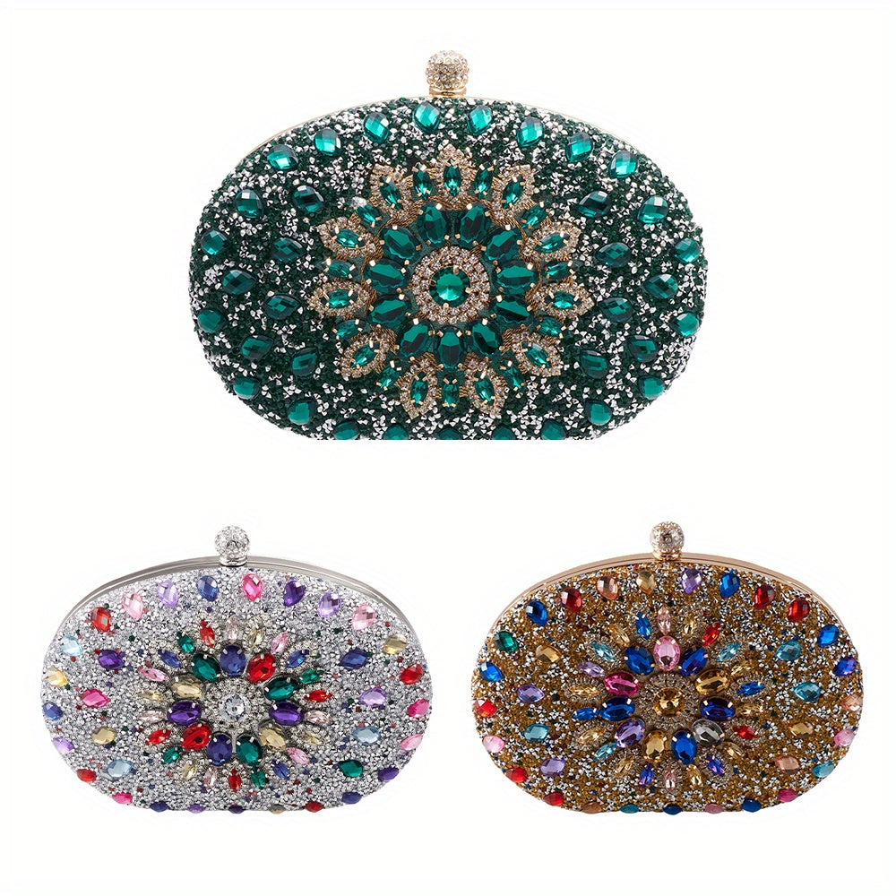 Women Evening Bag Multicolor Clutch Bag Luxury Crystal Handbag Bridal Wedding Purse Glitter Shoulder Bag with Detachable Chain Banquet Party Prom Crossbody Bag Gold-Multicolour, Green/ Gold/ Silver