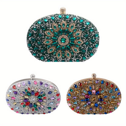 Women Evening Bag Multicolor Clutch Bag Luxury Crystal Handbag Bridal Wedding Purse Glitter Shoulder Bag with Detachable Chain Banquet Party Prom Crossbody Bag Gold-Multicolour, Green/ Gold/ Silver