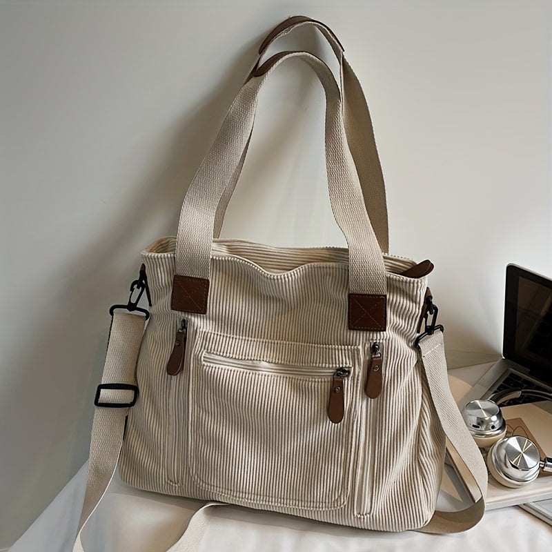 Corduroy Tote Bag Women Large Capacity – Adjustable Shoulder Strap, Multi-Pocket Crossbody Handbag for Work, Shopping & Daily Commute | Beige Vintage Style