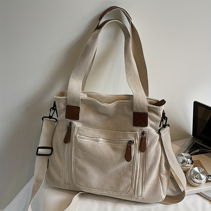 Corduroy Tote Bag Women Large Capacity – Adjustable Shoulder Strap, Multi-Pocket Crossbody Handbag for Work, Shopping & Daily Commute | Beige Vintage Style