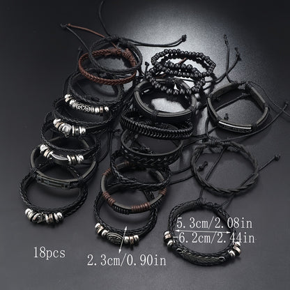 18pcs Vintage Hip Hop Bracelet Set - Punk Style, Faux Leather, Multi-Style Mix & Match Accessories for Men