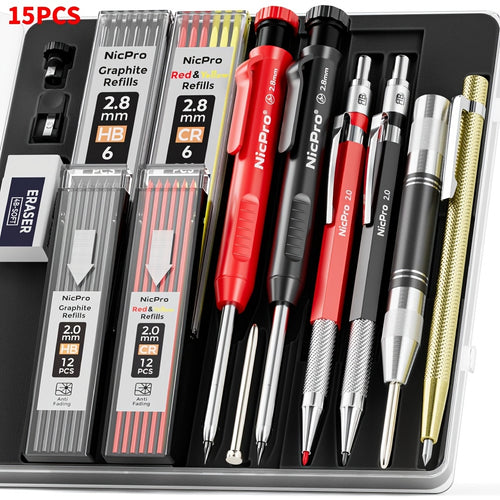 15/18/27Pack Carpenter Pencil Set with Sharpener, Mechanical Carpenter Pencils with Refill, Automatic Center Punch And Carbide Scribe Tool, Heavy Duty Construction Pencil for Architect-With Case