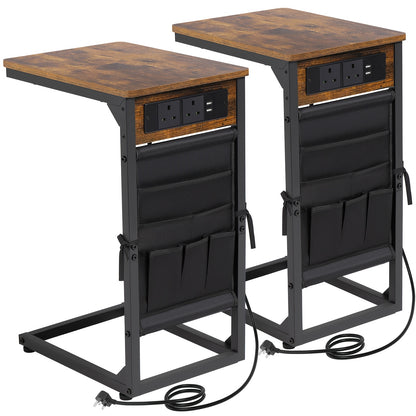 1pc/2pcs C-Shape Side Table with Charging Station, Bedside Table with Storage Bag, Coffee Table with Metal Frame for Living Room, Bedroom, Office