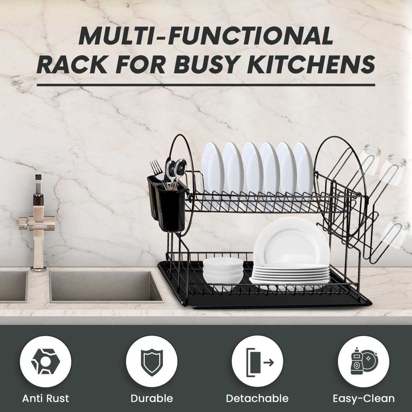 AEX 2 Tier Dish Drainer Rack – Stainless Steel Kitchen Counter Dish Drying Rack with Drip Tray, Cutlery Holder and Cup Holder