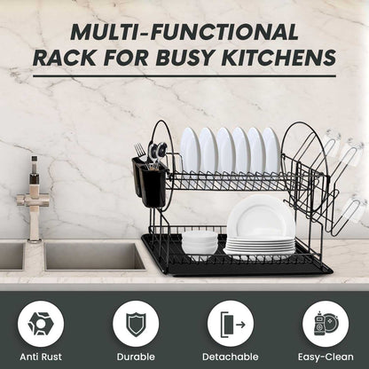 AEX 2 Tier Dish Drainer Rack – Stainless Steel Kitchen Counter Dish Drying Rack with Drip Tray, Cutlery Holder and Cup Holder
