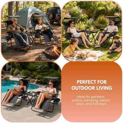 Zero Gravity Sun Lounger Set 3 Piece with Folding Table Canopy Shade Cup Holder Reclining Garden Patio Beach Chairs Breathable Mesh Black