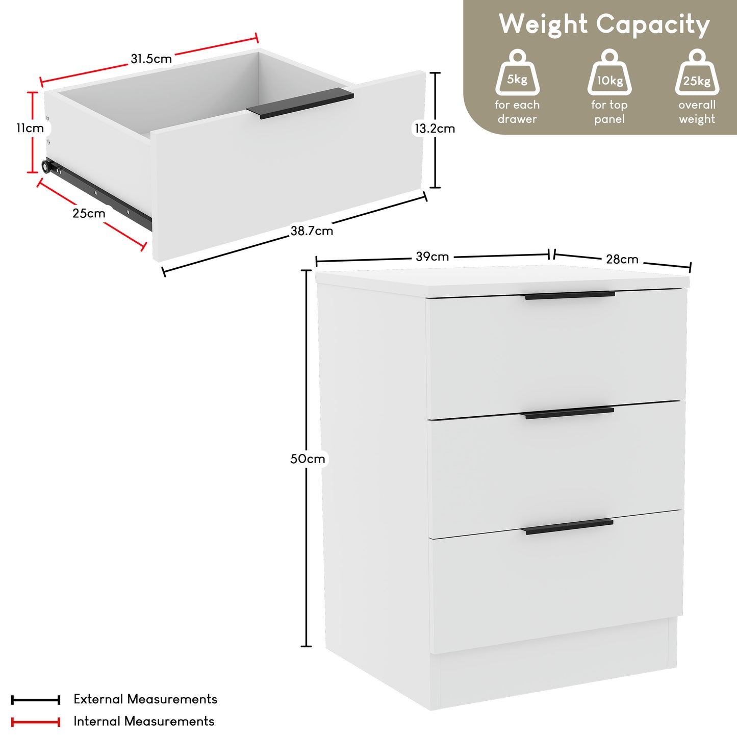 Modern 3 Drawer Bedside Table Chest of Drawers Dresser Nightstand Space Saving Storage Organizer Bedroom Furniture