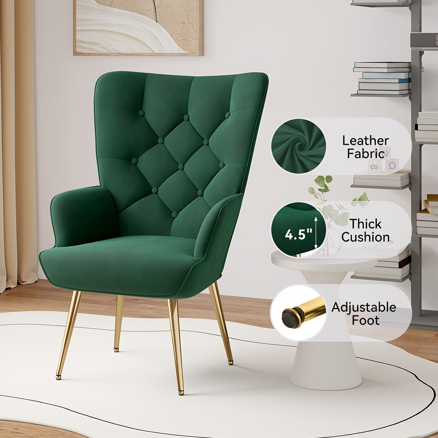 Contemporary Mid-Century Style High-Back Accent Chair with Metal Legs, Velvet Upholstered Wingback Chair for Reading, Suitable for Bedroom, Living Room, Office, Or Makeup Area