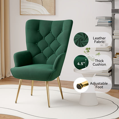 Contemporary Mid-Century Style High-Back Accent Chair with Metal Legs, Velvet Upholstered Wingback Chair for Reading, Suitable for Bedroom, Living Room, Office, Or Makeup Area