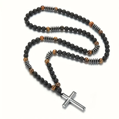 1pc FUTTMI Men's Natural Black Hematite Bead Necklace with Cross Pendant - 70cm/27.6in Heavy Duty Genuine Stone Prayer Beads, Christ Symbol for Christmas Gifts, Daily Wear & Religious