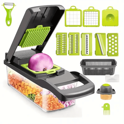 A Multifunctional 16-In-1 Food Chopper, Including a Vegetable Chopper, Onion Chopper, Vegetable Slicer, Dicer, And More, Equipped with 8 Blades, a Strainer Basket, And Containers for Salad, Potatoes, Carrots, And Garlic, Along with a Drainage Basket
