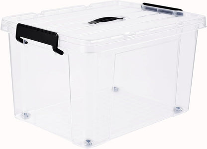 3‑Pack Clear 43L Storage Boxes with Lids & Wheels – Stackable Plastic Containers with Secure Clips and Integrated Handles for Home, Bedroom, Office & Kitchen Organisation
