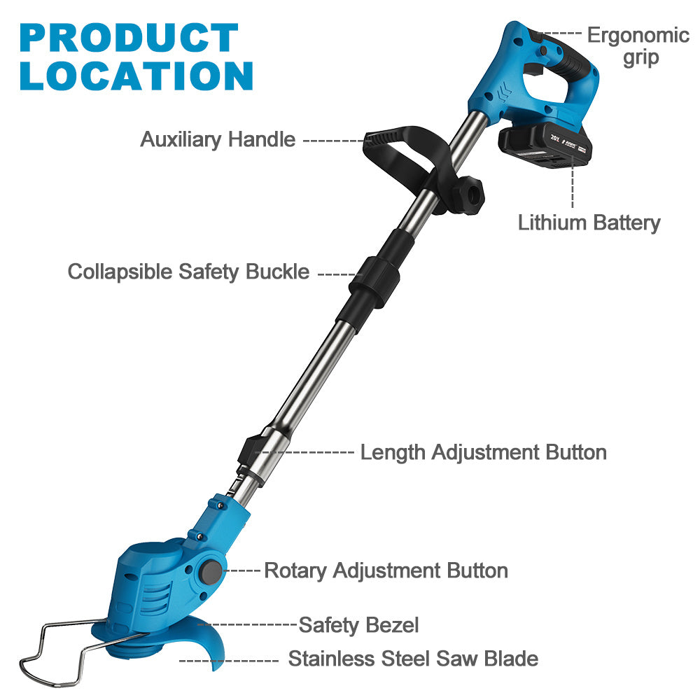 Machine ONLY Cordless Grass Trimmer, 3-in-1 Upgraded Electric Grass Trimmer with 2pcs 2.0Ah Large Capacity Battery, Pure Copper Motor, Telescopic & Foldable Handle, Removable Wheels, 360°Adjustable, Lawn Mowing, Weed Eater, Garden Edging, Landscaping, for