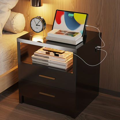 Black/White Night Stand with 2/3 Drawers, High Gloss Bedside Table with RGB Lights/Type-C/USB Port for Bedroom