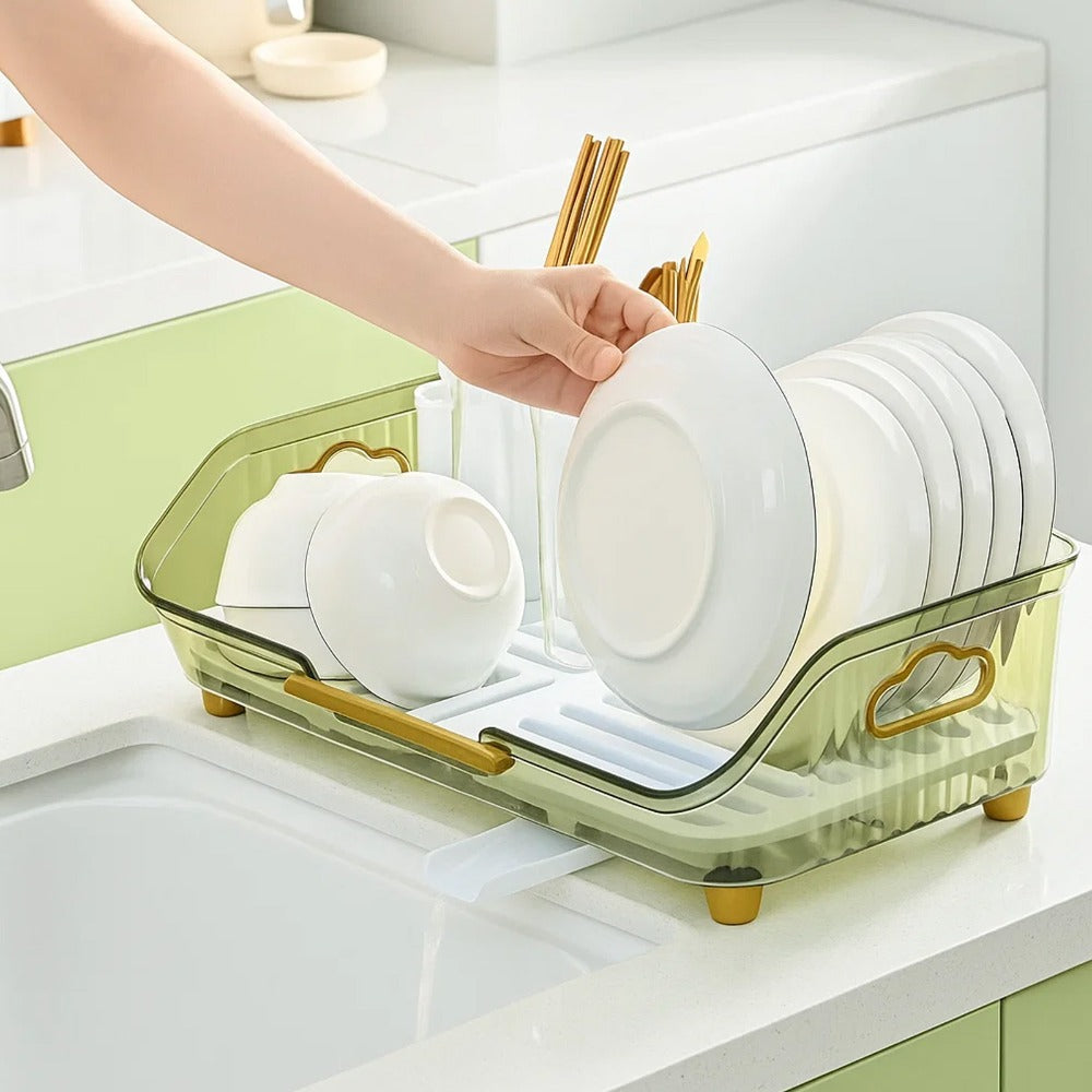 1pc Dish Drying Rack with Handle & Drainboard - Space-Saving Compact Design with Utensil Holder, Durable Plastic Construction, Easy to Clean & Move - Over Sink or Countertop Use for Small Kitchens, Apartments, RVs - Modern White & Golden Kitchen Organizer