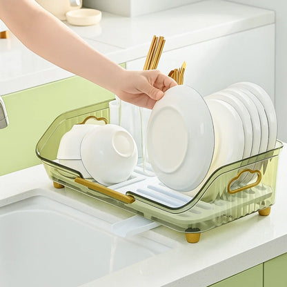 1pc Dish Drying Rack with Handle & Drainboard - Space-Saving Compact Design with Utensil Holder, Durable Plastic Construction, Easy to Clean & Move - Over Sink or Countertop Use for Small Kitchens, Apartments, RVs - Modern White & Golden Kitchen Organizer