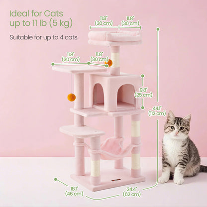 112 cm Cat Tree, Multi-Level Soft Plush Cat Tree, Cat Tower Condo with 4 Cat Scratching Posts, Hammock, Cave, Platform, Toys, Pink/White/Beige/Grey, Easy Assembly and Sturdy, Indoor Cat Furniture