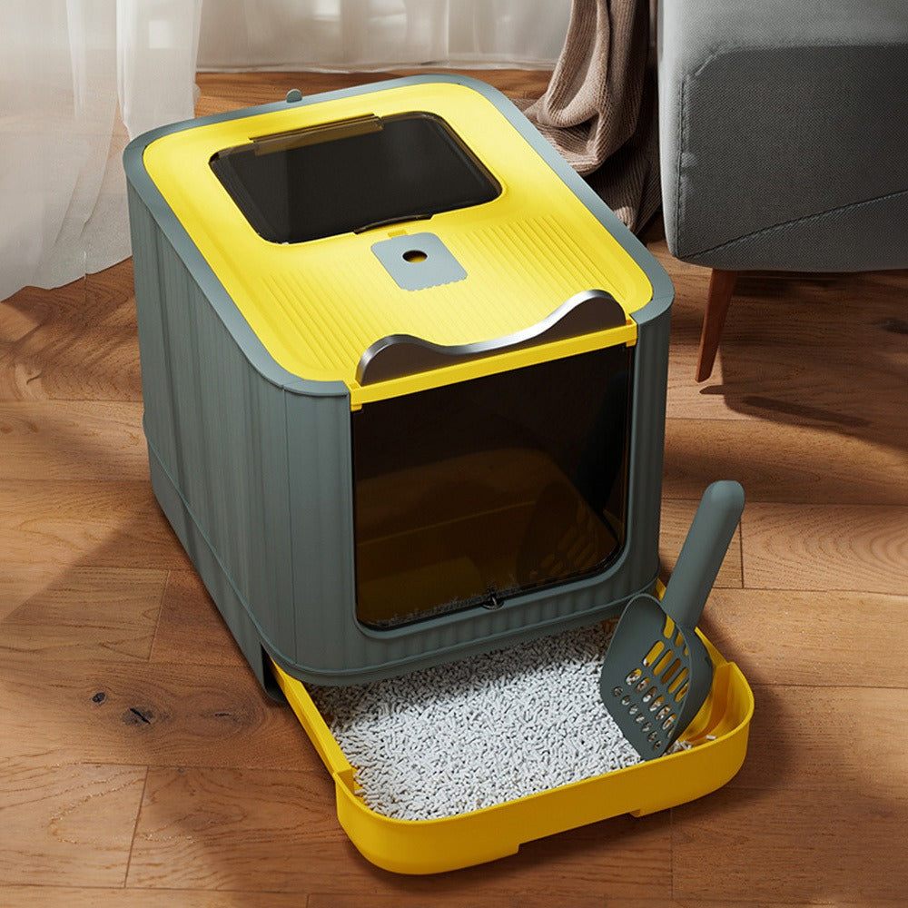 Enclosed Cat Litter Box with UV Sterilisation & Deodoriser | Large Hooded Cat Toilet with Drawer Tray & Scoop | Anti-Splash Odour Control Litter Tray | 44.5x36.5x34.5cm | Grey