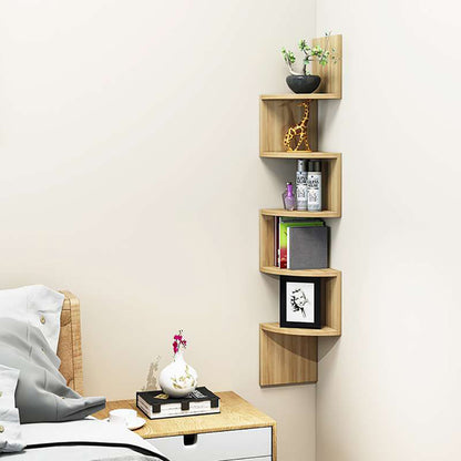 1pc 5-Tier Wooden Corner Shelf - Space-Saving Floating Bookcase & Display Stand | Easy Assembly Storage Rack for Books, Plants & Decor in Living Room, Office & Bathroom