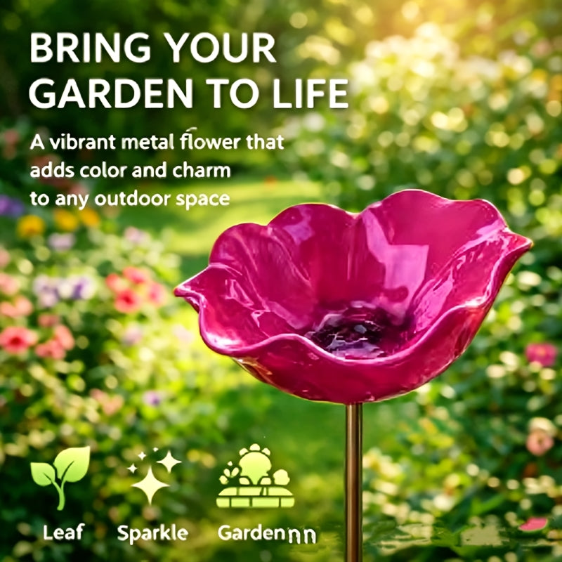 [3D] Handmade Metal Flower Garden Stake with Bee Bath Bird Water Bowl Decorative Outdoor Yard Art, Butterfly & Pollinator Watering Station, Weather-Resistant Garden Decor Gift