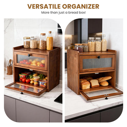 Double Layer Bread Box for Kitchen Counter, 2 Decker Large Wooden Bread Bin, Corner Bread Storage Container with Acrylic Windows, Dry Food Container with Air Vents to Keep Fresh, Self Assembly