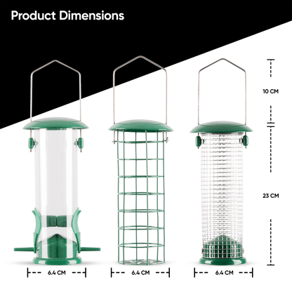 3pc Hanging Bird Feeder, Seed, Nut & Fat Ball Feeders Weatherproof Mesh, Metal & Plastic Set, Birds Feed Station Easy to Refill & Clean for Backyard Birding, Set of 3 Green