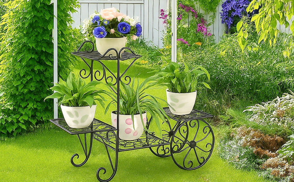 3 Tier Metal Plant Stand Indoor Outdoor, Decorative Flower Pot Display Rack Floor Standing Iron Planter Shelf for Garden, Balcony, Patio, Home Décor, Holds 4 Flower Pots