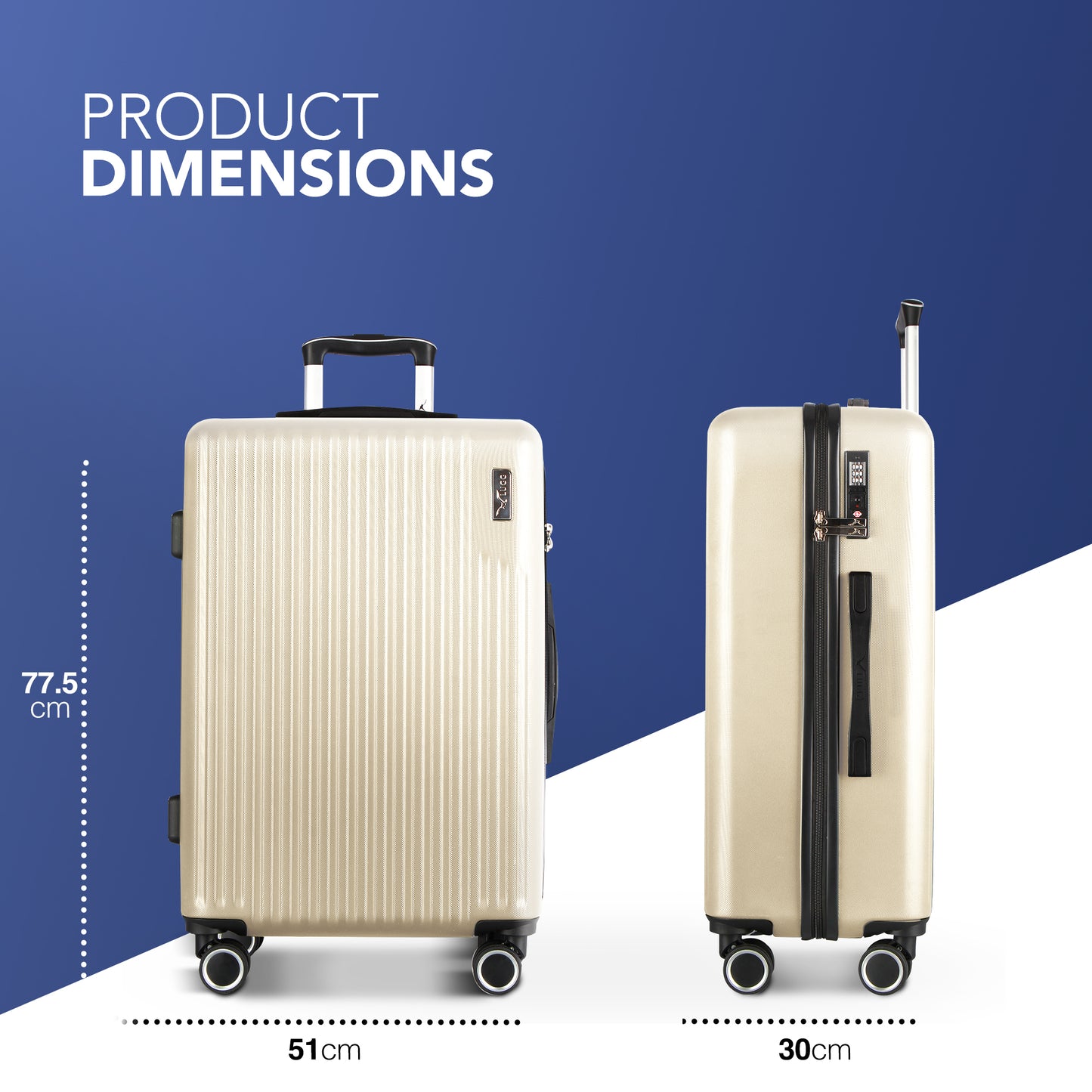 LUGG 76.5 x 50.5 x 30cm Vacay Suitcase ABS Luggage with TSA Indent Lock, Aluminium Trolley Handle, 360° Spinner Wheels, Water-Resistant & Durable Material - Airline Compatible (28inch)