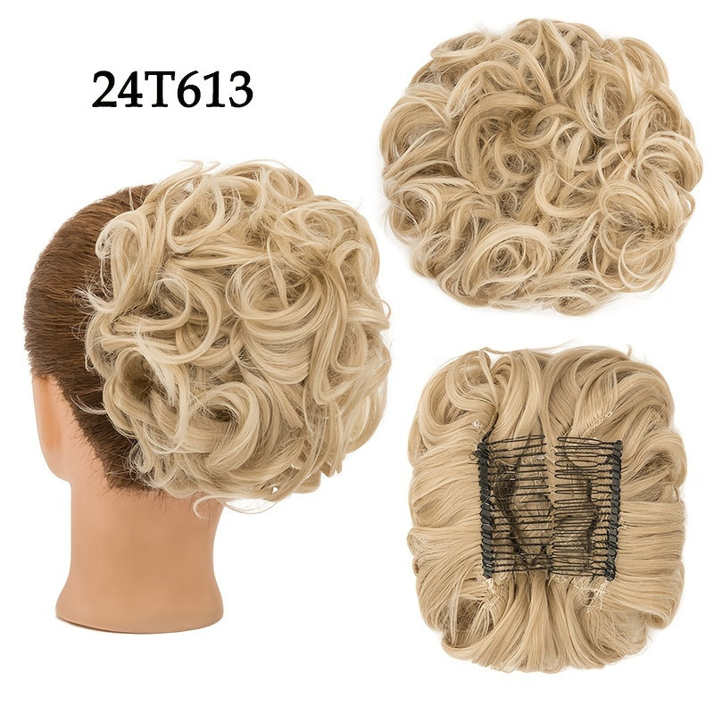 Easy-To-Use Clip-In Ponytail Extension with a Scrunchie for a Short, Messy Curly Bun