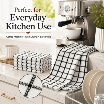 12 Pack white Kitchen Towels with black checkered stripe patterns set 60x40cm, Bulk Cleaning Towels, Cotton Soft Dish Cloths, Plaid and Checkered Tea Towels for Kitchen Cleaning and Daily Household Use