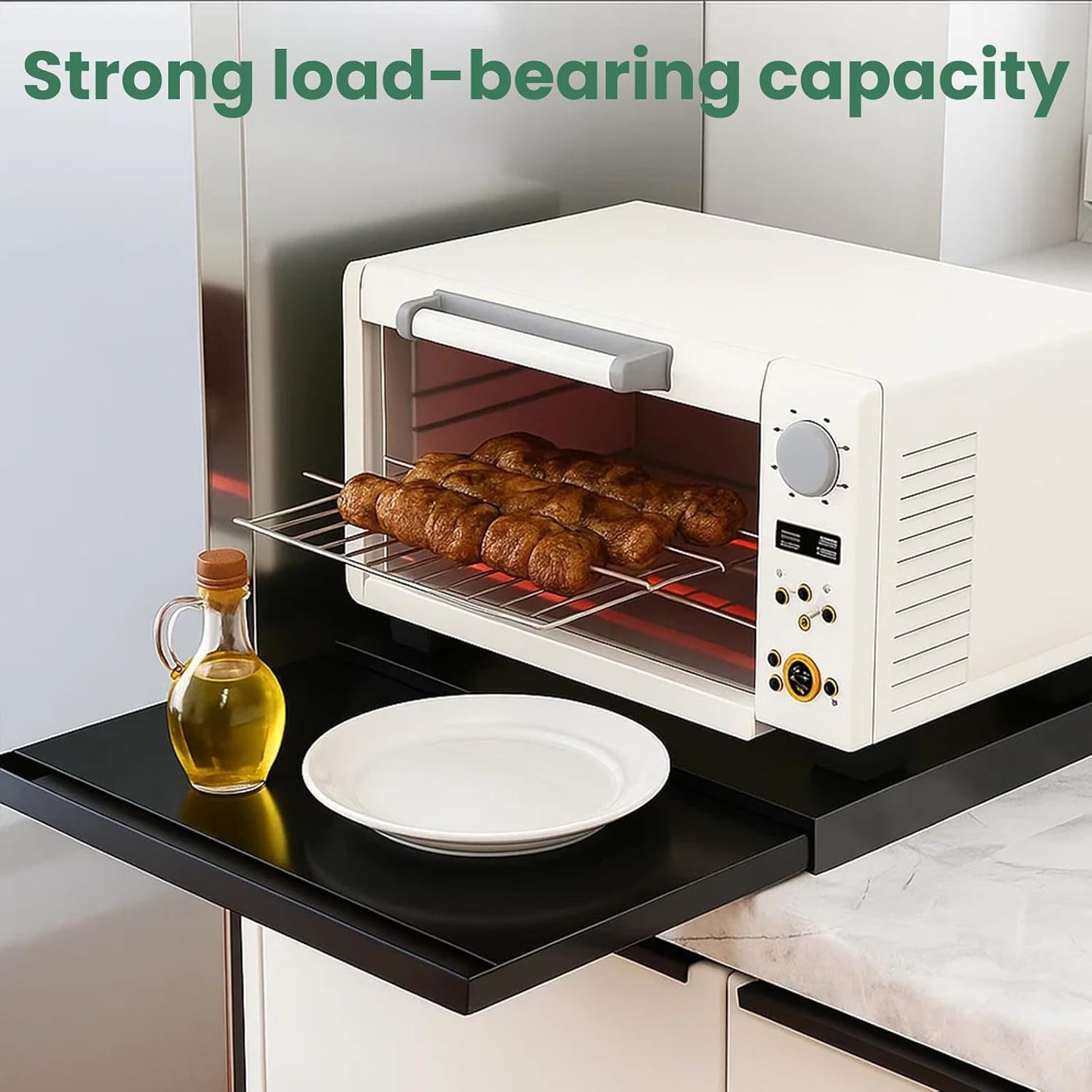 Countertop Microwave Oven Stand with Pull-Out Tray, Adjustable Metal Kitchen Rack Shelf, Extendable 39-62cm, Heavy Duty Storage for Ovens, Toasters & Appliances