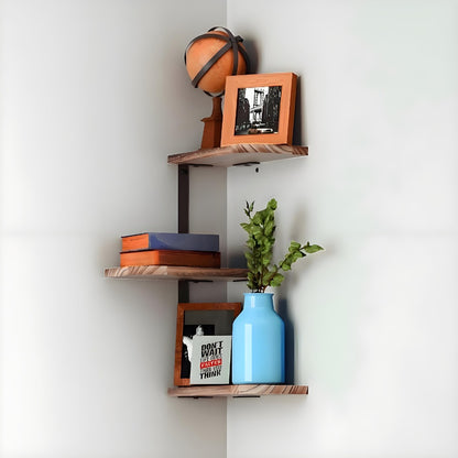 Rustic 3-Tier Corner Shelf Wall Mounted Wooden Floating Storage Rack for Bedroom Living Room Bathroom Kitchen Office Antique Display with Durable Metal Brackets