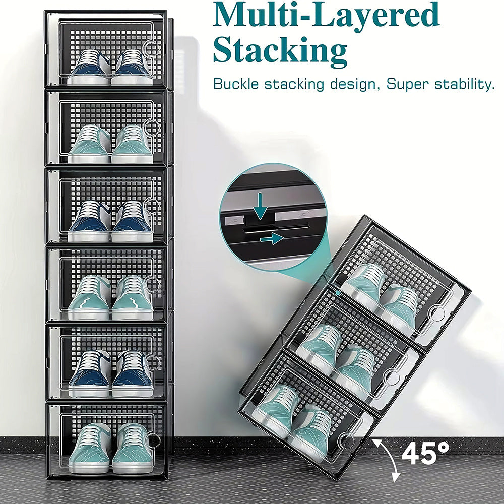 Pack of 12 Stackable Shoe Organizers Shoe Storage Boxes with Dustproof Doors, Large Shoe Boxes Transparent Foldable Shoe Storage Cabinet, Portable Space-saving Shoe Box, Under Bed Shoe Containers, Versatile Footwear Containers Holder for Entryway, Closet,
