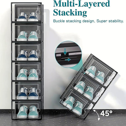 Pack of 12 Stackable Shoe Organizers Shoe Storage Boxes with Dustproof Doors, Large Shoe Boxes Transparent Foldable Shoe Storage Cabinet, Portable Space-saving Shoe Box, Under Bed Shoe Containers, Versatile Footwear Containers Holder for Entryway, Closet,