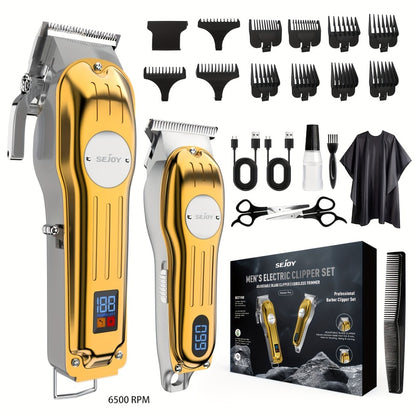 SEJOY Cordless Hair Clippers for Men Professional T-Blade Trimmer Kit – LED Display 4500-7000RPM – Barber Grooming Set Silver Blue Gold