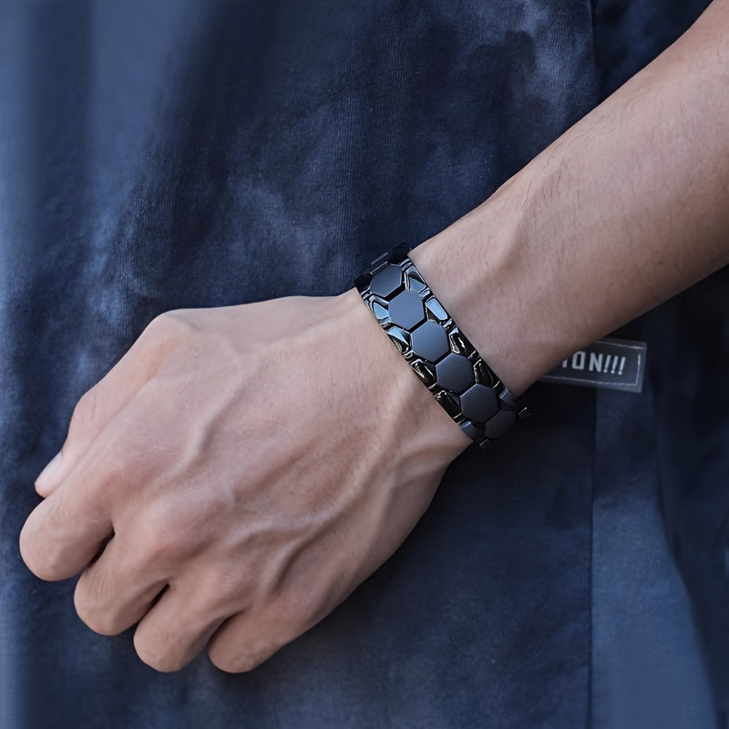 Heavy-Duty Titanium Steel Bracelet - (Soccer) Design with Black/Grey Hexagonal Beads & Red Accent - Adjustable Ic-Like Clasp (No) - Durable Gift for Athletes, Year-Round Wear