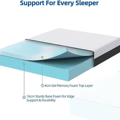 Gel Memory Foam Mattress 8 Inch 20cm | 4cm Gel Top + 16cm Support Foam | Soft Fabric Cover | All Sleep Positions | 3FT Single & 4FT Small Double | UK Stock