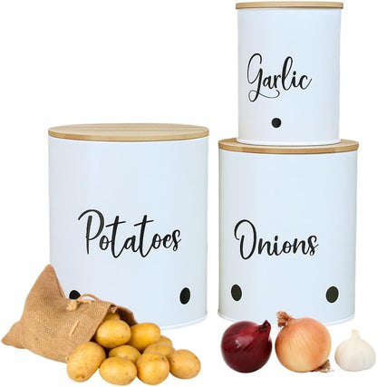 Trendi 3-Pack Stackable Vegetable Storage Tins – White Round Metal Canisters for Potato, Onion & Garlic – Kitchen Pantry Jars with Lids & Air Vents
