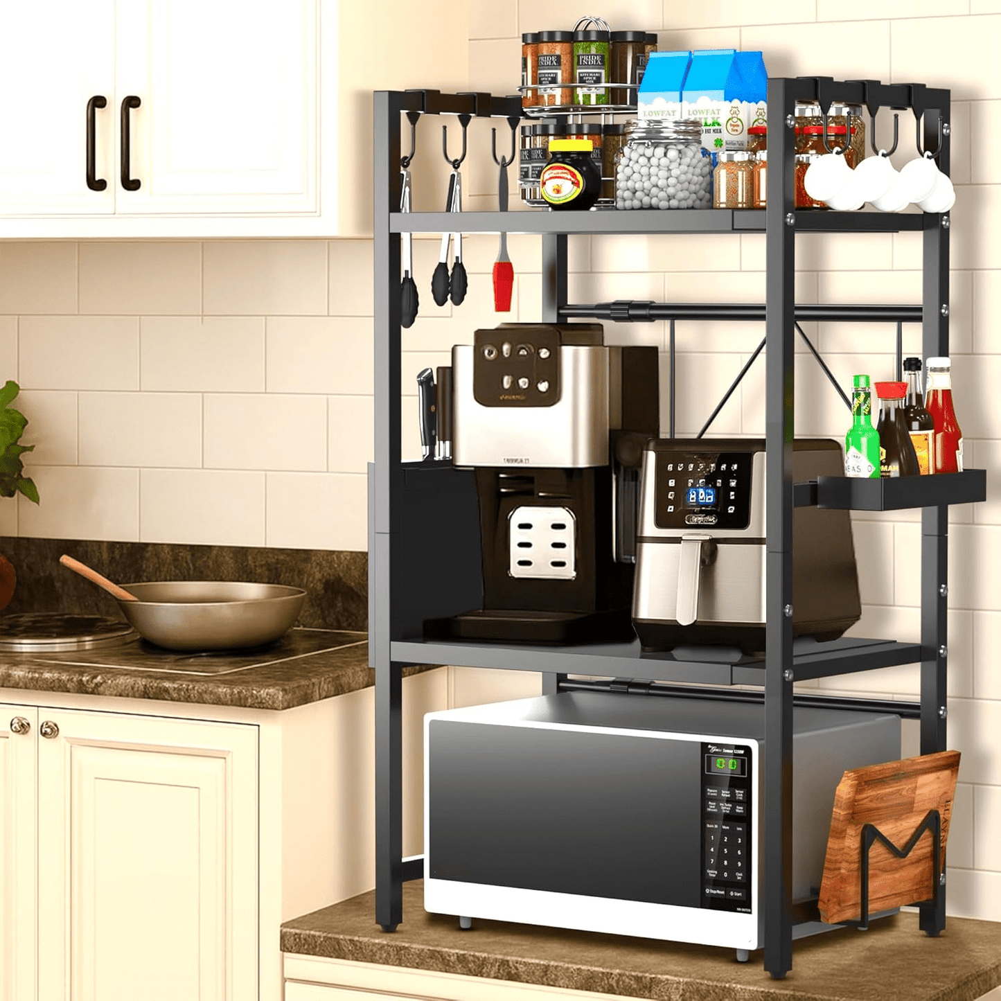 Unique Impression Extendable 3-Tier Microwave Rack - 2 Shelves Microwave Stand for Kitchen Counter - Hot Air Fryer, Toaster and Coffee Machine Rack