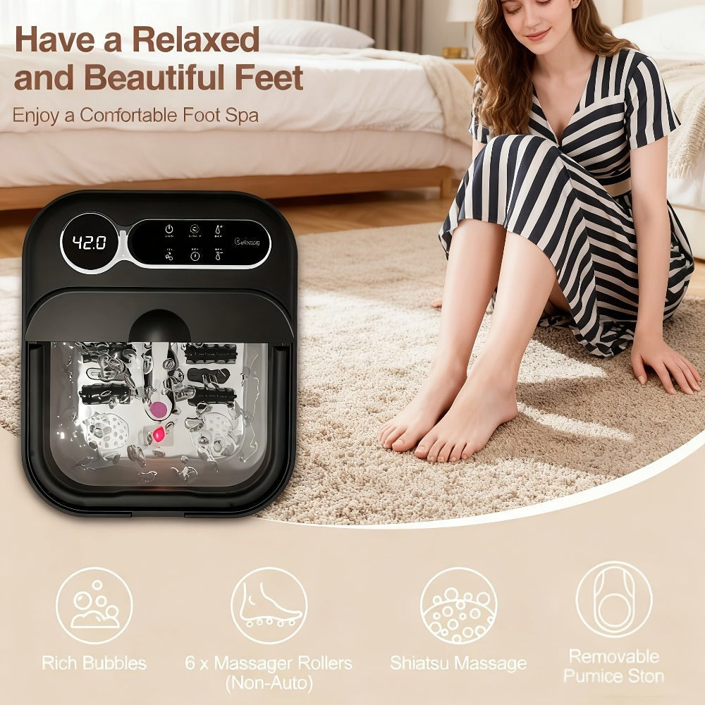 Foldable Foot Spa Massager with Heat Bubbles & Temperature Control – Touch Screen 6 Rollers Pumice Stone – Relaxing Foot Soak Gift