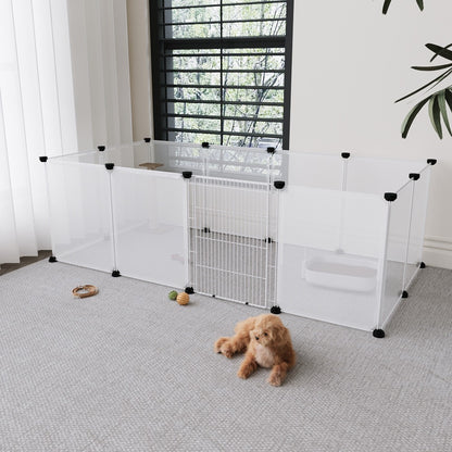 Clear Plastic Dog Playpen 12 Panel with Door – Transparent Modular Indoor Dog Pen 149x70x45cm, Safe Puppy Enclosure for Small & Medium Dogs, Living Room & Bedroom