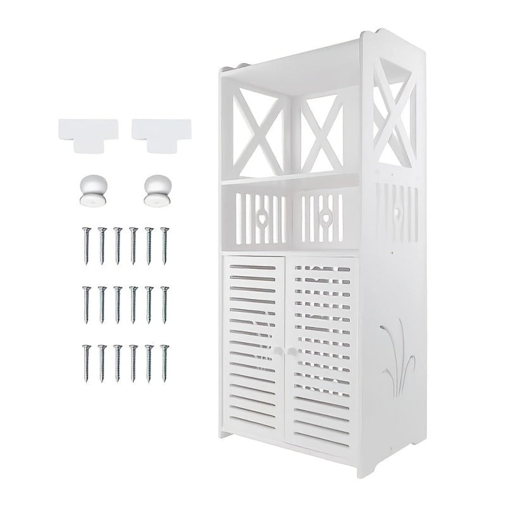 Freestanding Bathroom Floor Cabinet with Double Door & Shelf – Slim PVC Storage Unit for Bathroom, Kitchen & Hallway, White 40x25x90cm