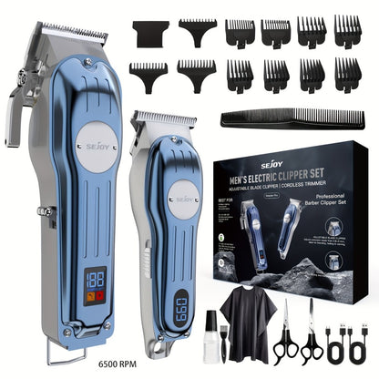 SEJOY Cordless Hair Clippers for Men Professional T-Blade Trimmer Kit – LED Display 4500-7000RPM – Barber Grooming Set Silver Blue Gold