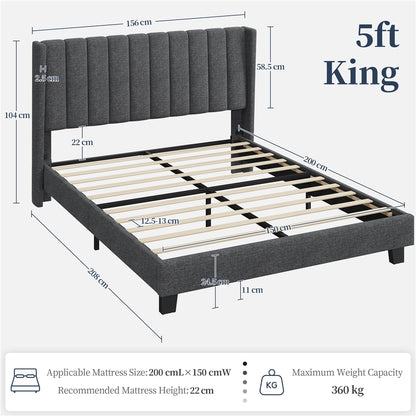 Costoffs Upholstered Bed Frame, Double/King Size Bed Frame, Platform Bed Frame with Channel Tufted Headboard, Upholstered Bed Frame with Wing Side, Mattress Foundation with Wooden Slat Support, Sturdy Wooden Slat Support, No Box Spring Needed, Beige/Dark