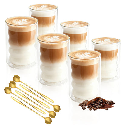 6pcs - 350ml, Latte Mocha, Double-Wall Heat-Resistant Glass Cappuccino, Latte, Tea, Coffee, Milk, Juice, Beer, Dual-Layer No-Handle Glass Cup with Built-In Spiral Lid, Perfect for Hot Beverages, Beverage Glassware, Sophisticated Drinkware, Heatresistant G