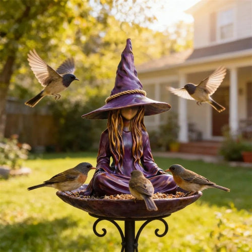 1pc Meditating Witch Garden Bird Feeder, Purple Resin Witch Hat Design with Rope Hanger, Outdoor Garden Decor