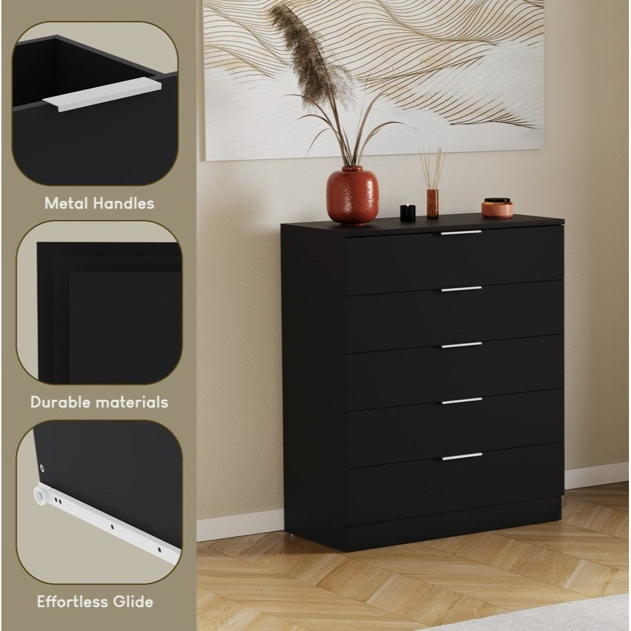 Vida Designs Trega 5 Drawer Chest Of Drawers Space-Saving Storage Smooth Glide Drawers Bedroom Furniture