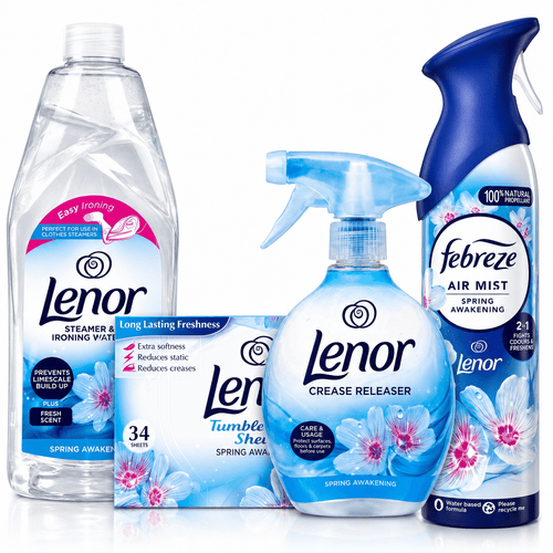 Lenor Spring Awakening Complete Laundry Care Bundle – Crease Releaser Spray, Tumble Dryer Sheets (34), Steamer & Ironing Water, Febreze Air Mist – Long Lasting Freshness & Easy Ironing