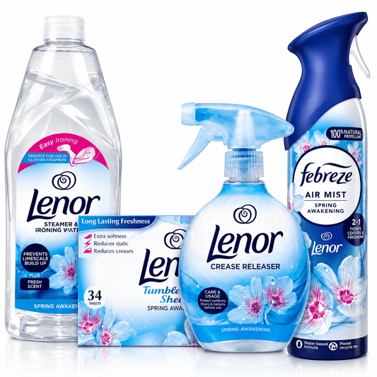 Lenor Spring Awakening Complete Laundry Care Bundle – Crease Releaser Spray, Tumble Dryer Sheets (34), Steamer & Ironing Water, Febreze Air Mist – Long Lasting Freshness & Easy Ironing